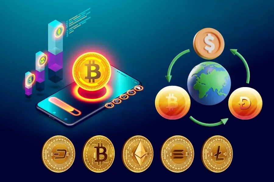 A trading app on a phone surrounded by price charts, a globe and assorted cryptocurrency and fiat coins, representing one platform operating across many jurisdictions