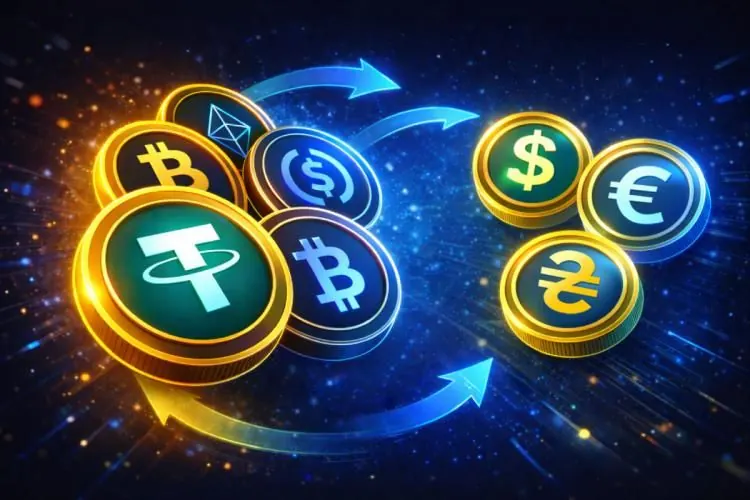 Cryptocurrency tokens including Tether, USD Coin, Bitcoin and Ethereum flowing towards dollar, euro and hryvnia coins, representing conversion between crypto and fiat currencies